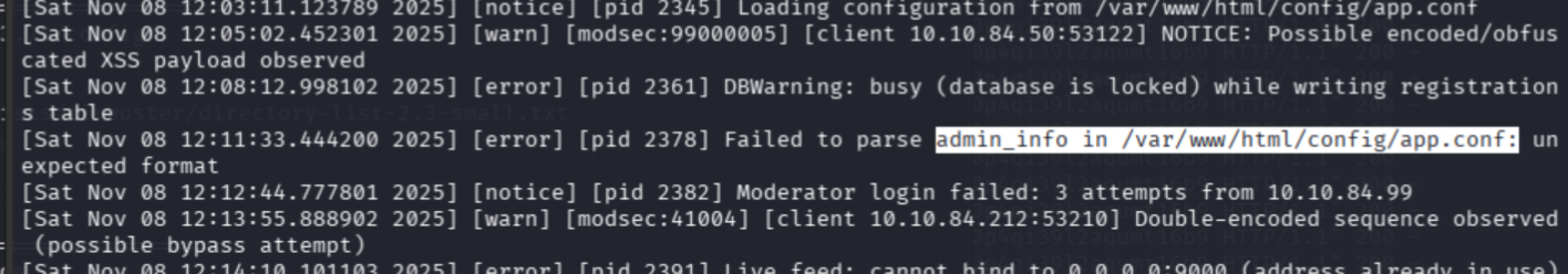 zoomed error.log showing admin_info path and ModSecurity WAF blocking .conf files